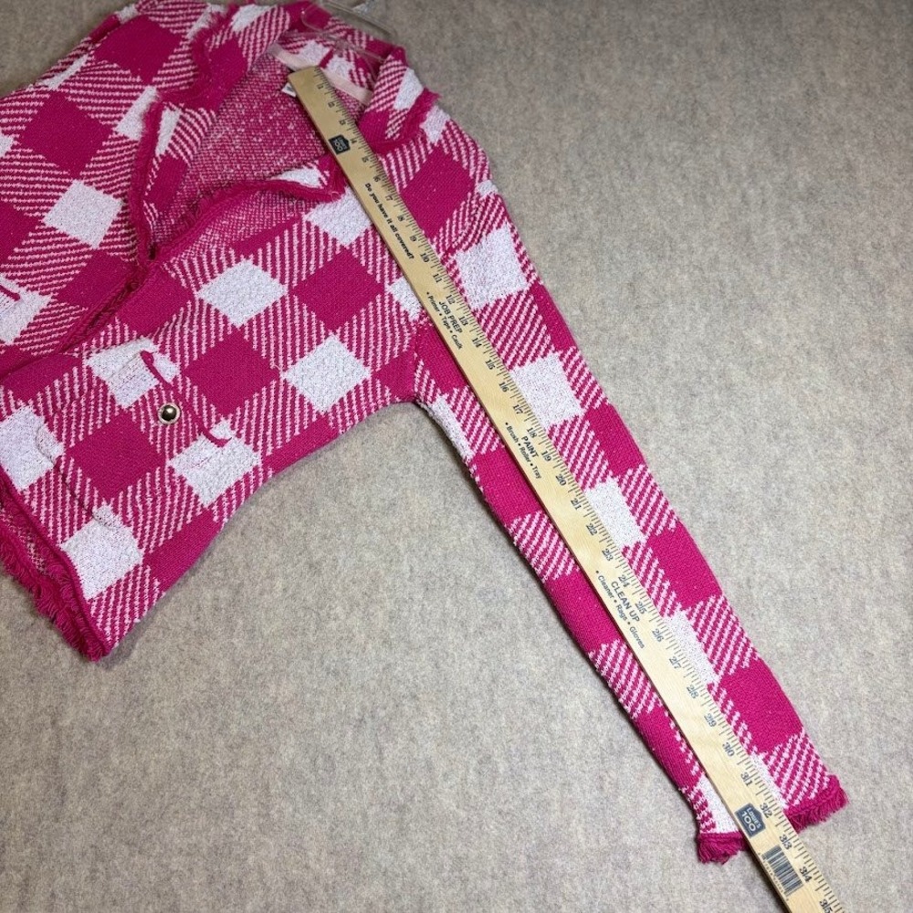 Isaac Mizrahi Cardigan Women Medium Pink Gingham Knit Blazer Fringe Preppy Fun - Picture 7 of 9